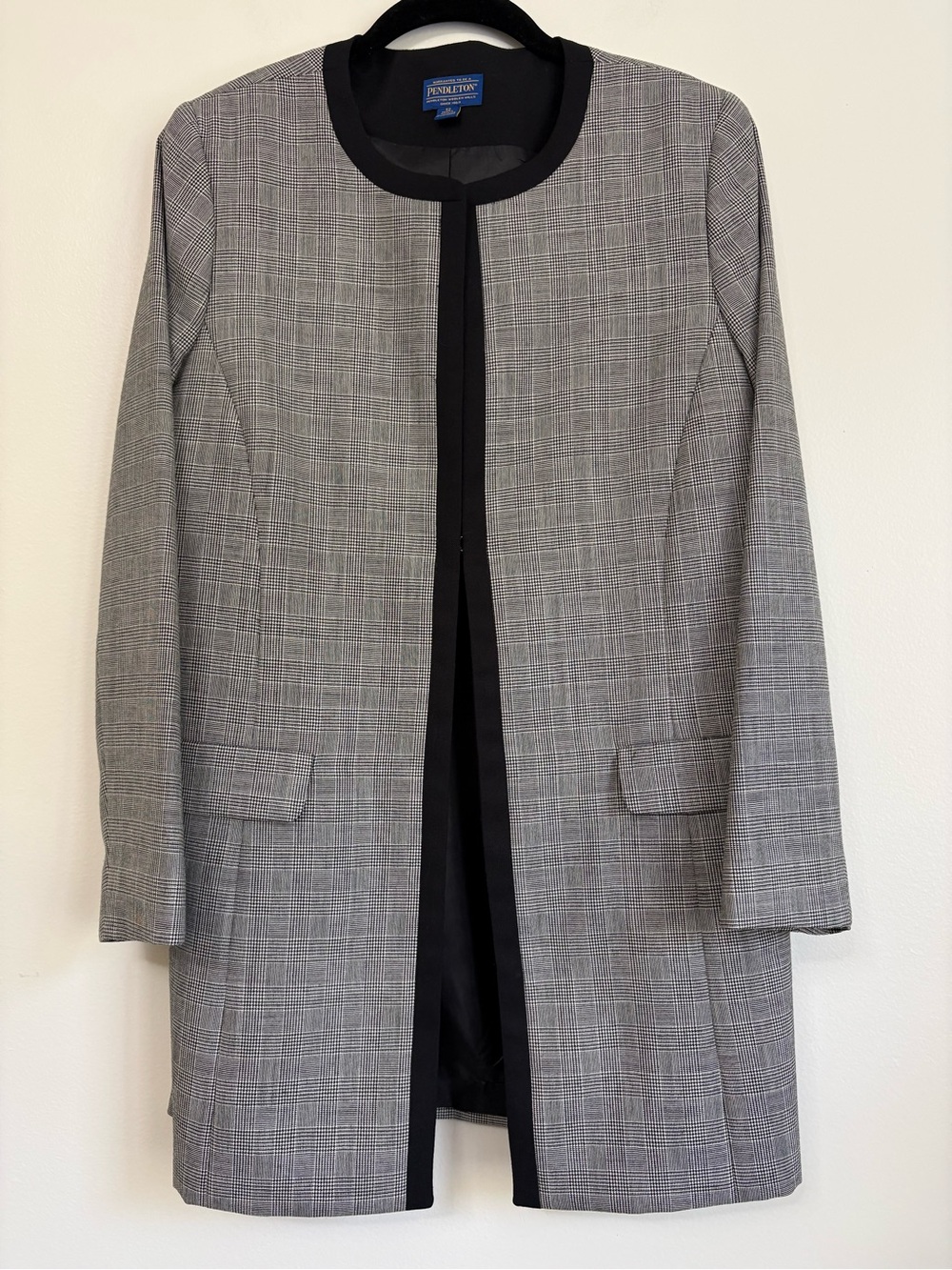 Pendleton Black Glen Plaid Longline Open Front Jacket Coat Black Trim Sz 12P